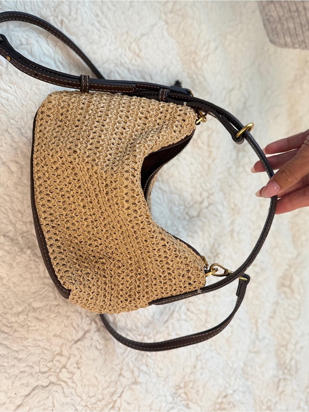 Zara Woven Straw Crossbody with Dark Brown Trim